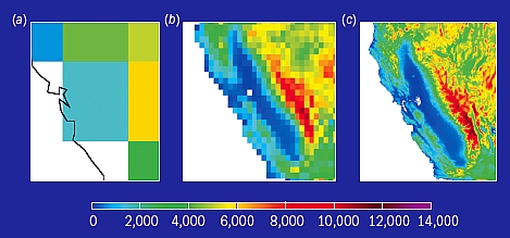 Figure 3. Topography of California and Nevada at three different model resolutio