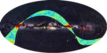 One of Planck's first images is shown as a strip superimposed over a two-dimensi
