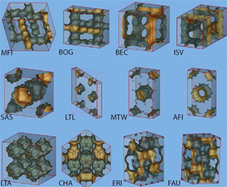 A sampling of pore structures in zeolites, a type of microporous mineral. One of