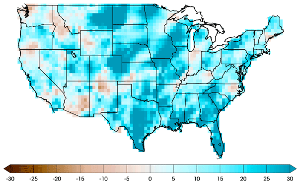 Figure 2. The projected percentage increase in wintertime daily precipitation ex