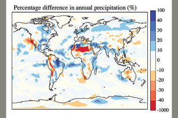 The blue regions of this world map show where annual precipitation is higher bec