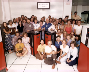 Photo of 1985 NERSC staff posing with the world's first Cray-2