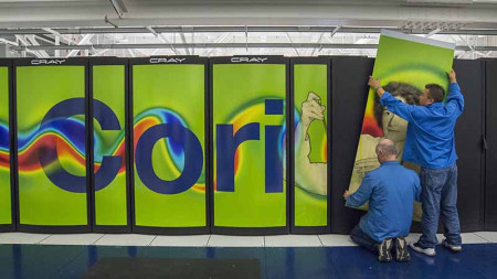 The Cori supercomputer gets decorative outer panels installed.