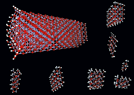 Figure 6. A ZnO quantum rod and some of its fragments. Red dots are oxygen atoms