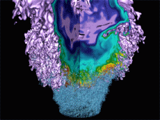 Simulation of a lean hydrogen-air mixture burning in a low-swirl injector.