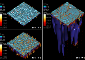These three-dimensional simulation snapshots show the interface between sequeste