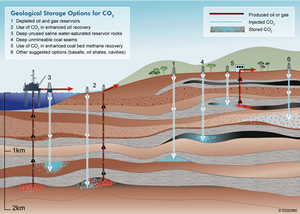 Geologic sequestration in saline aquifers (3) is shown in this illustration alon