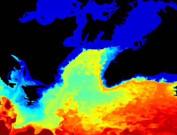 This zoomed in image shows ocean temperatures in the Northwest Atlantic. Red col