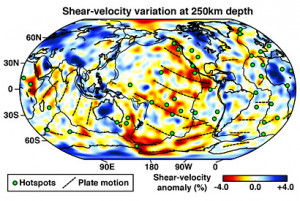 A map view of seismic shear-wave speed in Earth’s upper mantle.
