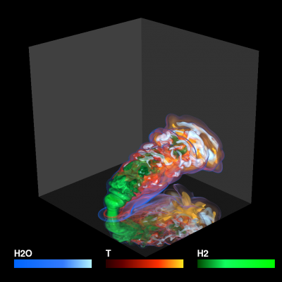 This volume rendering shows the reactive hydrogen/air jet in crossflow in a comb