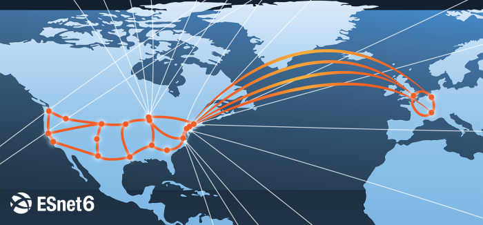 Blue world map depicting ESnet service routes in orange and white lines.