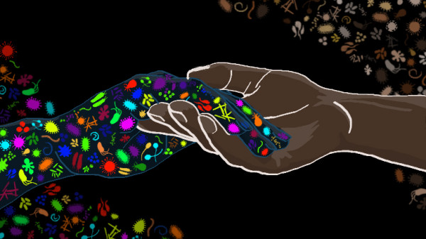 Illustration of two hands clasping, left hand is composed of colorful microbes