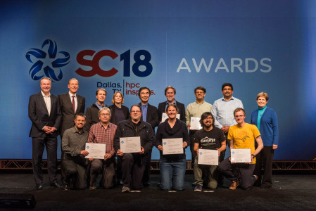Group photo of winners of the 2018 ACM Gordon Bell Prize at SC18