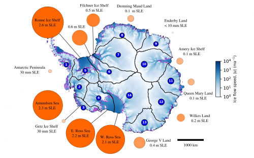 Graphic of Antarctic icesheet showing the geogrpahical breakdown if the fourteen zones researchers modeled
