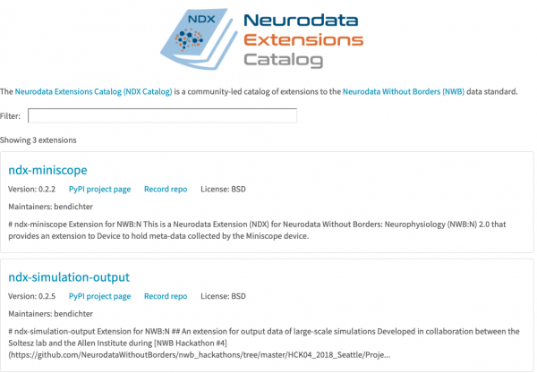 Screenshot of the NWB:N Extensions Catalog