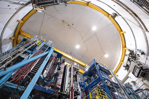 Wires and mechanicals for the detector, looking up at ceiling