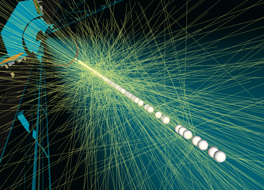 A 3d display of a simulated High Luminosity LHC collision event as seen by the ATLAS inner tracking detector (ITk). Image: Atlas Collaboration.