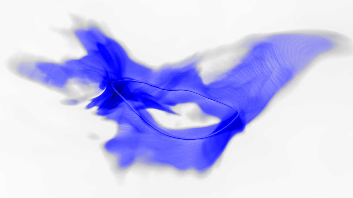 In their search for the axion particle, scientists focus their simulations on axion strings, topological defects in the soup of the early universe. Here, an axion string is rendered as a dark blue loop emitting axions. (Credit: Malte Buschmann, Princeton University)