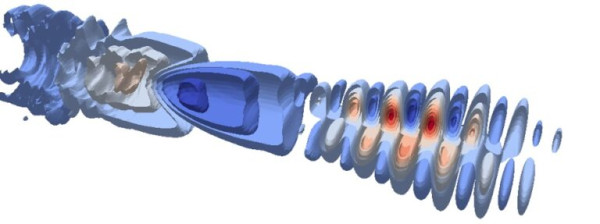 WarpX: longitudinal electric field in a laser-plasma accelerator rendered with the ECP software libraries Ascent & VTK-m as the simulation was running. Credit: Axel Huebl (Berkeley Lab)