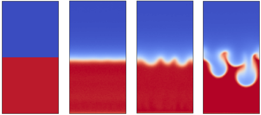 Initiation and progress of a Rayleigh-Taylor instability triggered by thermal fluctuations.