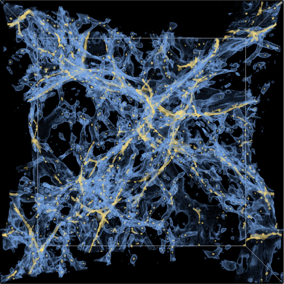 The first research area for ExaLearn's surrogate models will be in cosmology to support projects such as the Dark Energy Spectroscopic Instrument's measurements of the Lyman-alpha forest, as seen in this Nyx simulation.