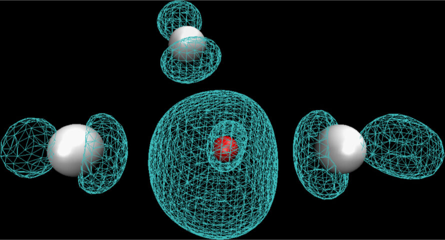 A simulation snapshot of a typical structure of ZnCl3•2, showing the metal ion in red and the Cl– ions in white