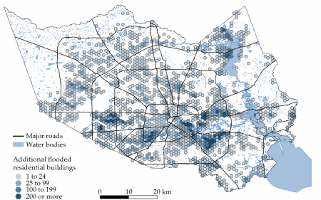 Additional anthropogenic flooding: Each hexagonal bin symbolizes the upper limit of the number of residential buildings that would not have flooded without the added impact of climate change in Harris County, Texas, during Hurricane Harvey in 2017. (Credit: Smiley, K.T., Noy, I., Wehner, M.F. et al. Social inequalities in climate change-attributed impacts of Hurricane Harvey. Nat Comm 13, 3418, 2022. https://doi.org/10.1038/s41467-022-31056-2)