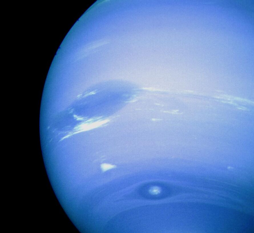 This photograph of Neptune, one of the ice giant planets addressed in a paper recently published by researchers at UC Berkeley, was reconstructed from two images taken by NASA Voyager 2. Credit: NASA