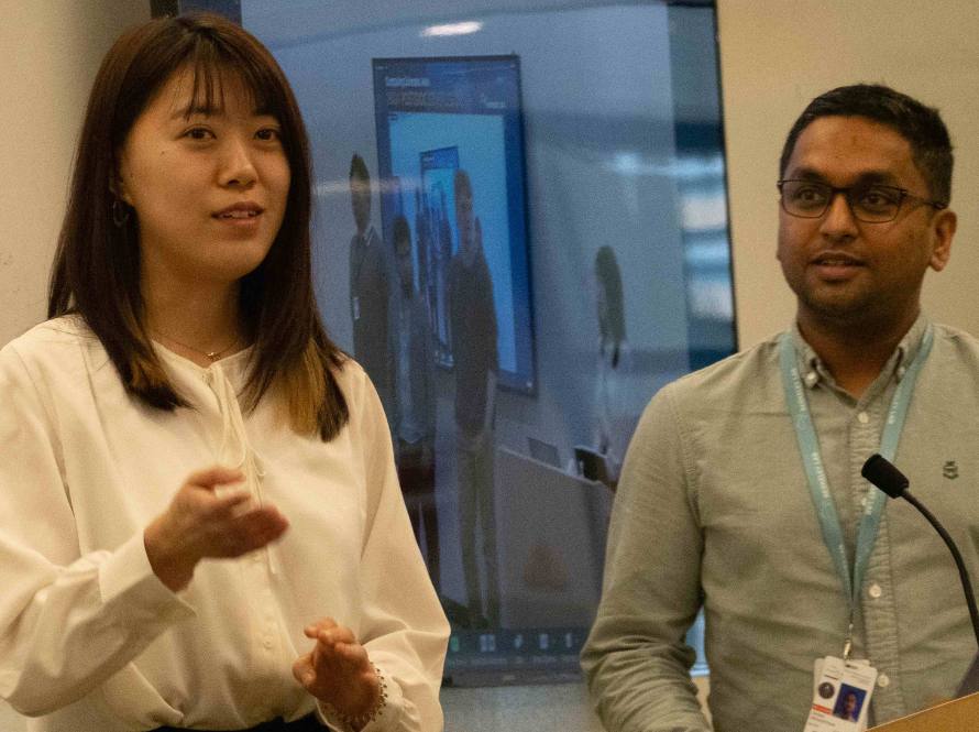 Siyuan Niu and Ishan Srivastava answer questions during the 2024 Postdoc Symposium event.