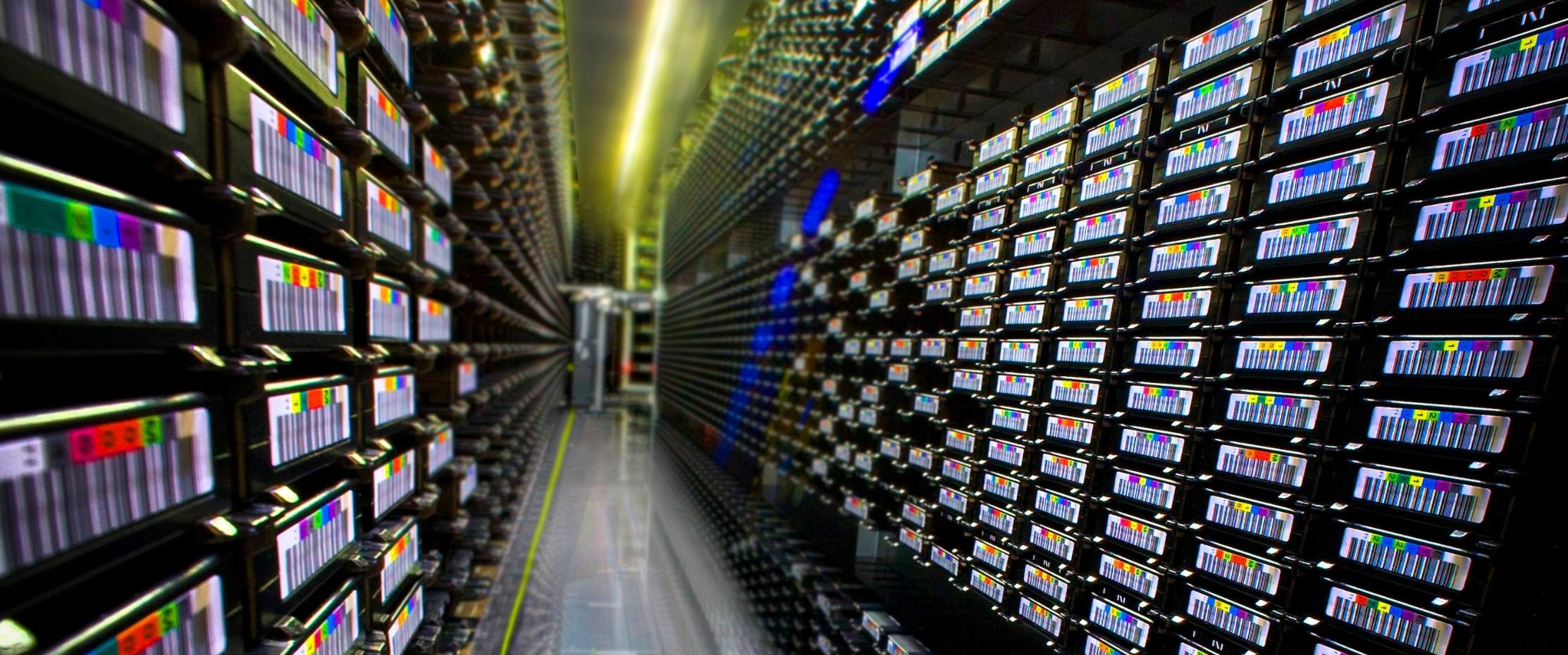 Interior view of the NERSC HPSS tape-based data storage cabinet, which houses tape media full of scientific data.