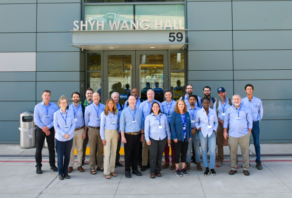 The Trusted CI team stands outside Berkeley Lab’s Shyh Wang Hall during a recent meeting. (Credit: Linda Vu)