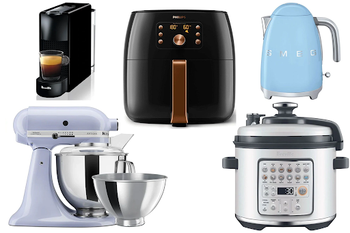 Image cluster depicting many small electrical appliances like coffee makers, hot tea pots, mixers, and an Instapot.