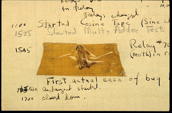 Admiral Grace Hopper's first biological computer bug, as shown in the Smithsonian Institution's collection.