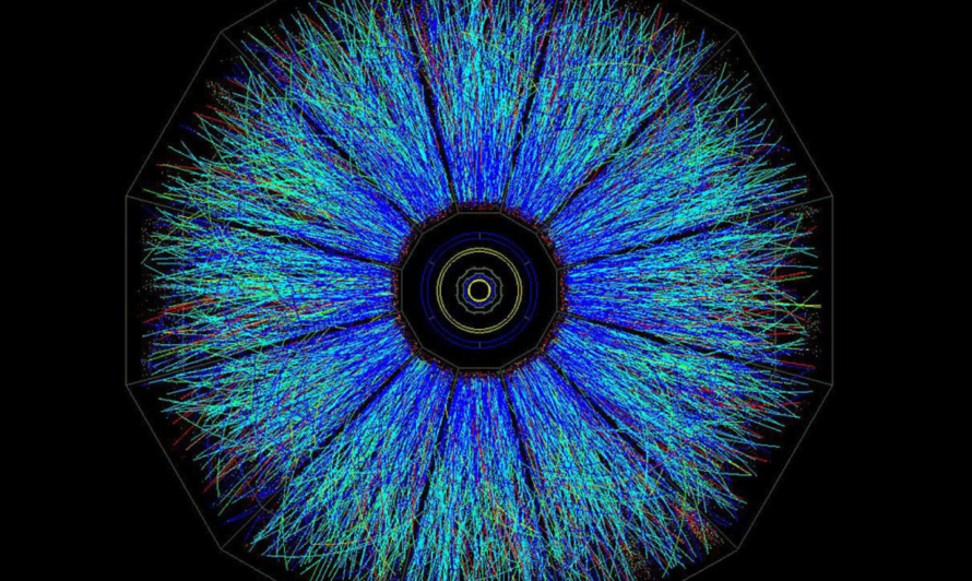 Visualization of ion collisions captured by BNL’s STAR detector. Multicolored lines trace particle tracks, created by quarks and gluons from the collision. GPTune-enhanced collisions produce more particles, offering scientists a deeper look into subatomic behavior. The image's radiant lines form a bullseye pattern against a black background, highlighting the intricate paths of the particles.