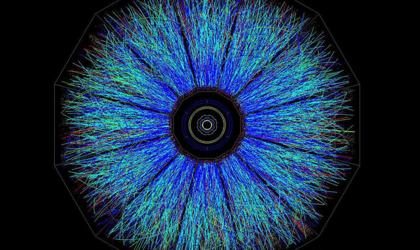 Visualization of ion collisions captured by BNL’s STAR detector. Multicolored lines trace particle tracks, created by quarks and gluons from the collision. GPTune-enhanced collisions produce more particles, offering scientists a deeper look into subatomic behavior. The image's radiant lines form a bullseye pattern against a black background, highlighting the intricate paths of the particles.