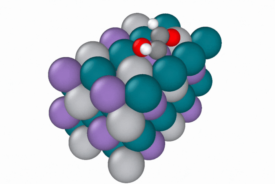 Animation showing molecules represented as color-coded dots. The image illustrates how EScAIP optimizes reaction paths involving complex structures with many atoms, highlighting the speed and low memory usage critical to its efficiency. This method is under development by Samuel Blau and colleagues using data from the Open Catalyst Project.