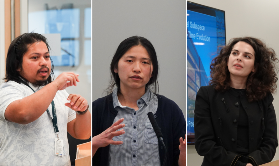 A photo collage of three individuals speaking at an event. The left image features a man with shoulder-length dark hair, wearing a white patterned shirt and a lanyard, gesturing with his hands while speaking. The middle image shows a woman with long black hair, wearing a striped button-up shirt and a dark cardigan, speaking into a microphone while gesturing with her hands. The right image captures a woman with curly dark hair, wearing a black jacket with decorative buttons, looking off to the side while standing in front of a screen displaying text and graphics.