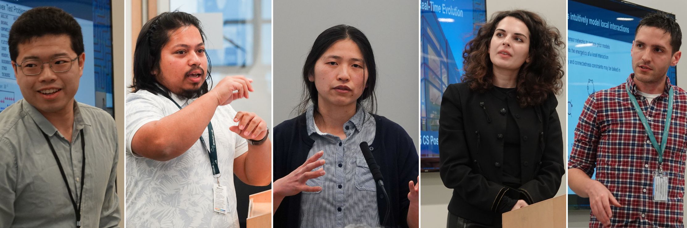 Five postdoctoral researchers present their work at the CSA Postdoc Symposium. Each is captured mid-presentation, engaging with the audience through gestures and expressions. A screen behind them displays research slides related to computational science.