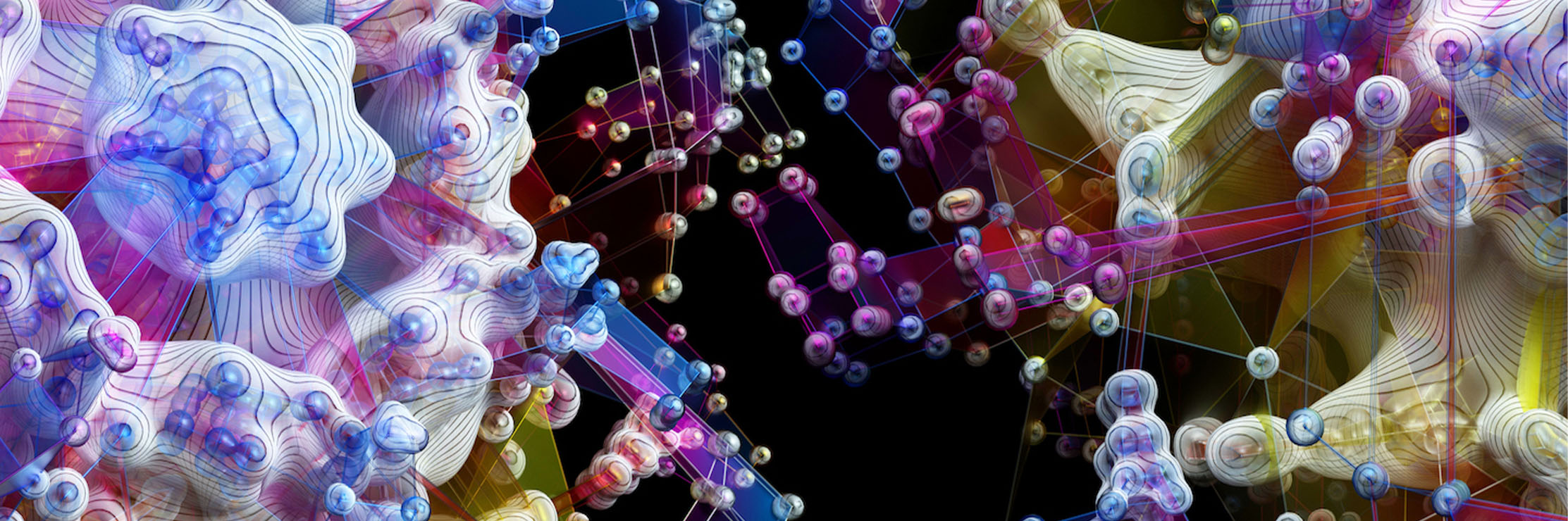 Colorful abstract visualization of molecular structures and connections, featuring interconnected atoms and complex geometric shapes against a dark background.