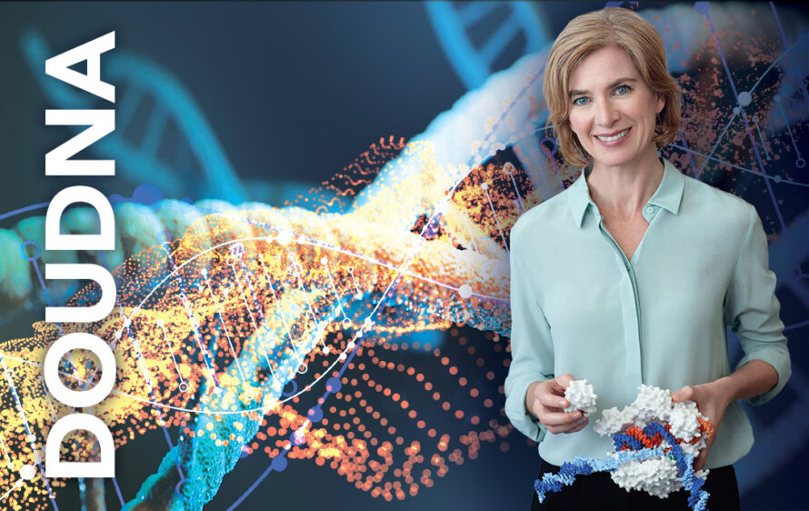 Illustration of Jennifer Doudna holding a model of a molecule in front of a background illustration of a DNA molecule. The name "Doudna" appears on one side.