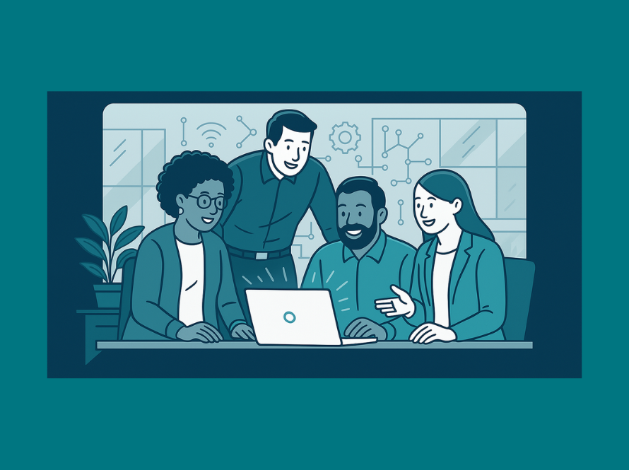 Artistic illustration of three people gathered around a laptop getting help from an IT professional.