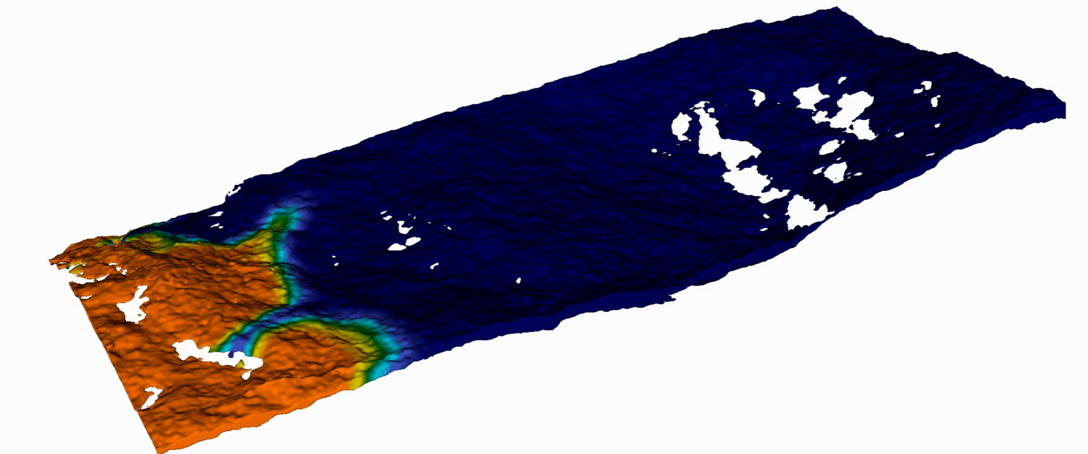 Simulation showing a 3D model of subsurface dolomite reacting to a fracture, with orange indicating regions that have reacted, yellow-green marking the reaction front, and blue representing areas that have not yet reacted.