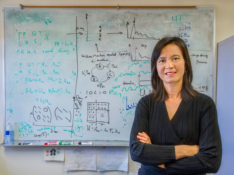 Sherry Li stands with arms crossed in front of a whiteboard filled with complex mathematical equations, diagrams, and notes. The whiteboard includes various symbols, graphs, and annotations related to statistical models, including a hidden Markov model. The individual is dressed in a dark, long-sleeved top, and the background is a classroom or office setting, suggesting an academic or research environment.
