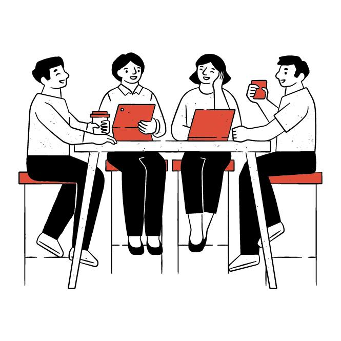 Illustration depicting four people having coffee over laptop work.