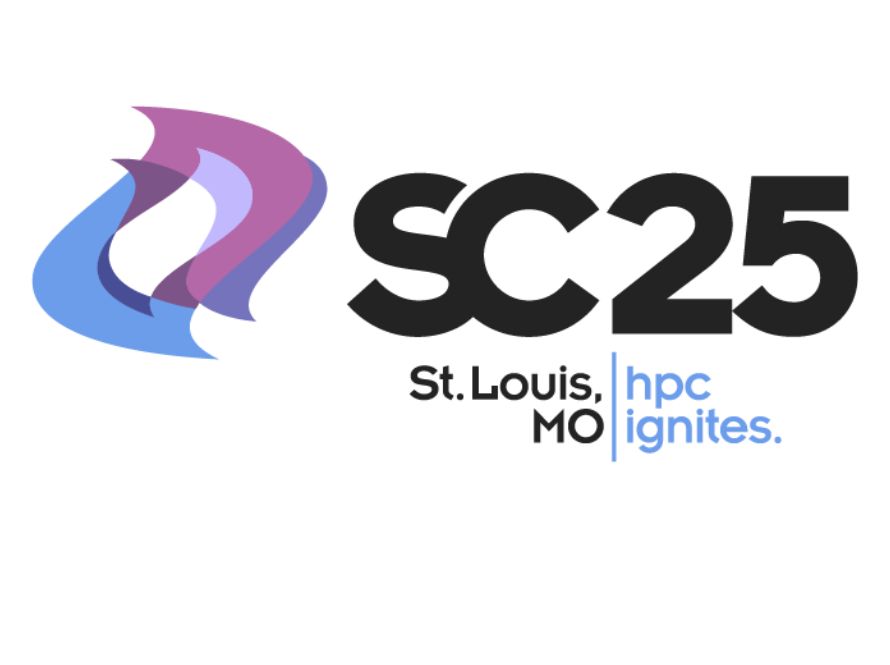 Logo for SC25, the 2025 International Conference for High Performance Computing, Networking, Storage, and Analysis. The logo features abstract purple and blue flame shapes to the left of bold black text reading "SC25." Below this, smaller text reads "St. Louis, MO" and "hpc ignites." with "hpc ignites." in light blue.