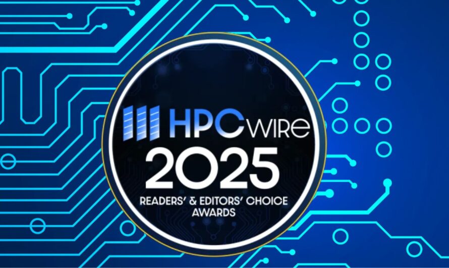 A digital badge with a stylized circuit board background in blue. In the center, a black circular emblem with a white and gold border displays the text: "HPCwire 2025 Readers' & Editors' Choice Awards." Above "HPCwire," there are three vertical blue bars.