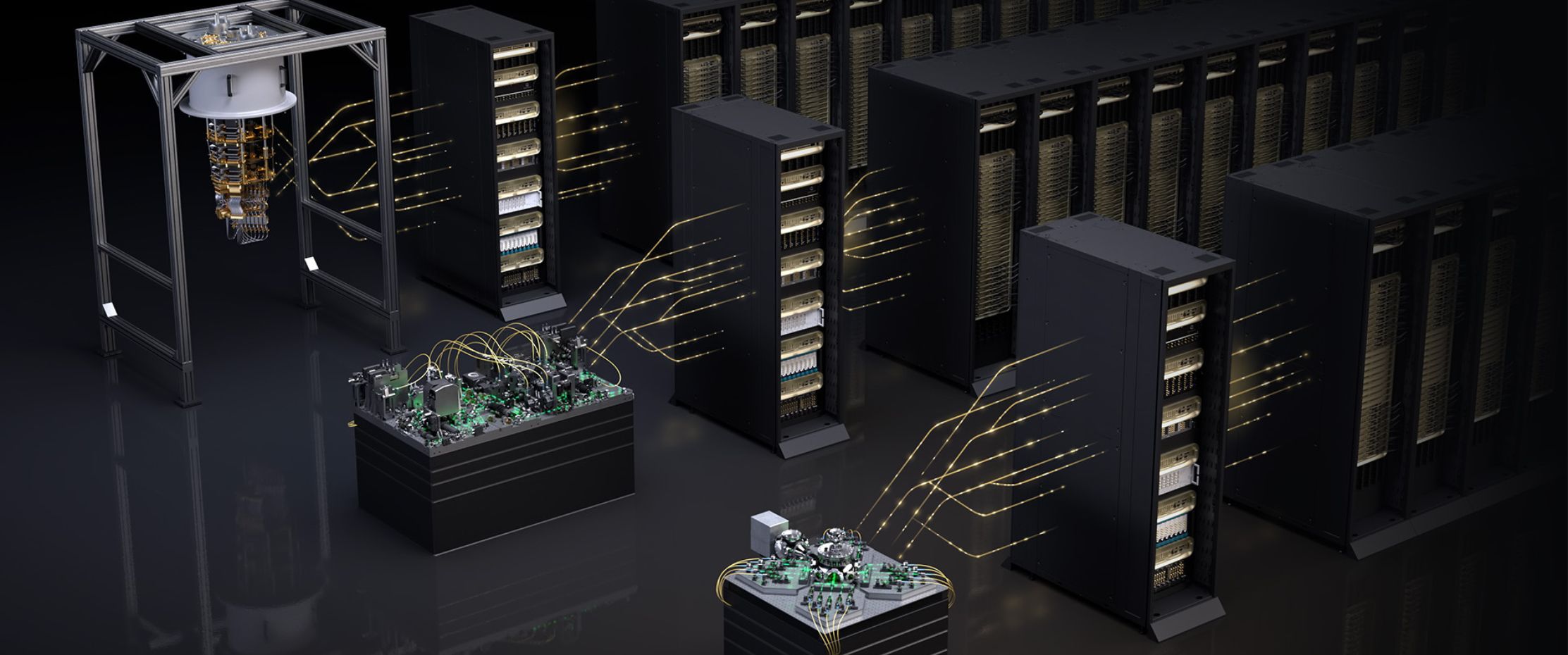 Illustration showing a quantum computer cryostat and multiple electronics modules connected to rows of high-performance computing server racks by glowing, stylized data lines, representing integrated quantum and classical computing infrastructure.