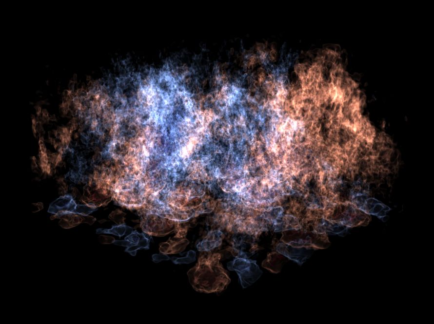 Simulation image of low-Mach number hydrodynamics in stellar hydrostatic flows, showing turbulent, cloud-like structures in blue and orange hues against a black background, representing fluid dynamics and thermal diffusion modeled by MAESTROeX.