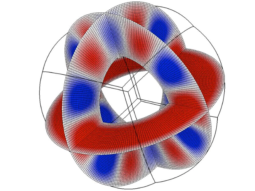 Cut-away view of a cubed sphere atmospheric test problem, displaying a Hadley cell-like vertical velocity field with alternating red and blue regions representing upward and downward motion within the spherical grid structure.