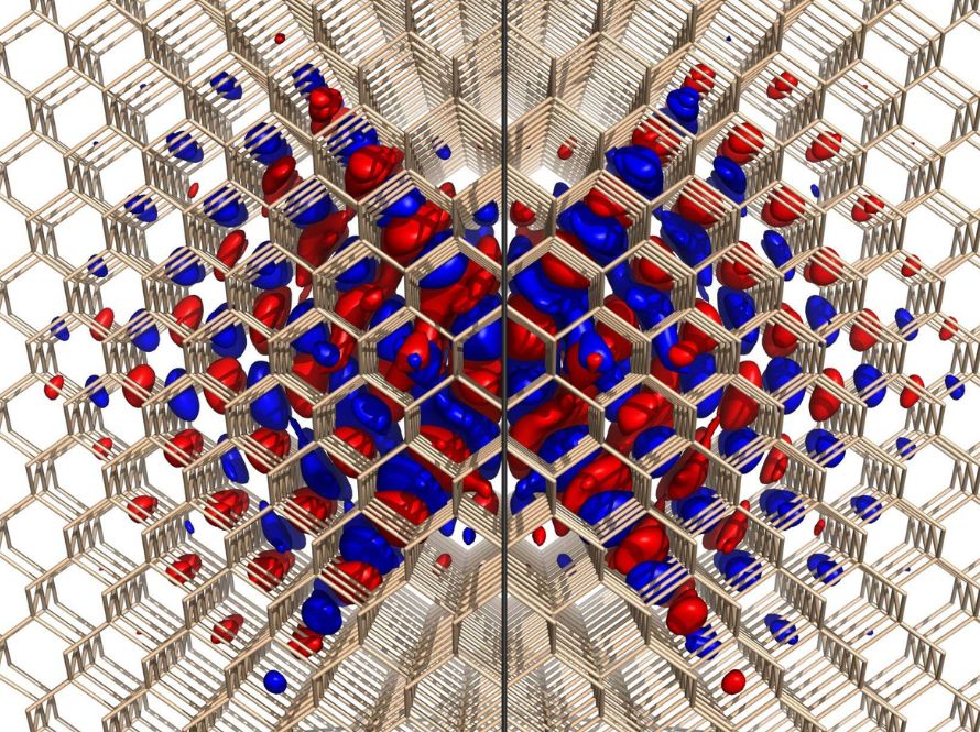 Visualization of a complex computational model featuring a lattice structure with hexagonal cells, containing red and blue clusters representing data points or molecular interactions. This image is associated with a paper by Mauro Del Ben and Charlene Yang, recognized as a finalist for the ACM Gordon Bell Prize for achievements in high performance computing.